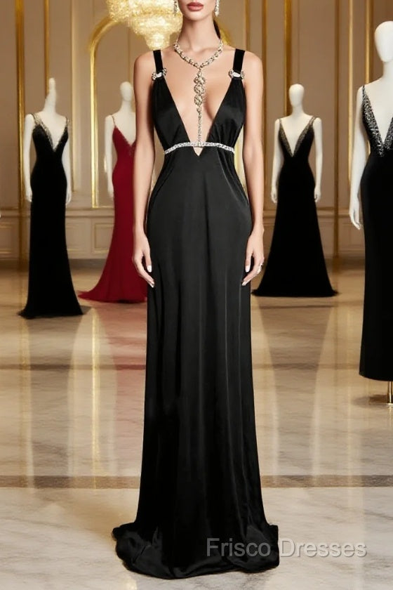 Modest A Line Straps Black Satin Long Formal Prom Dress Party Dress