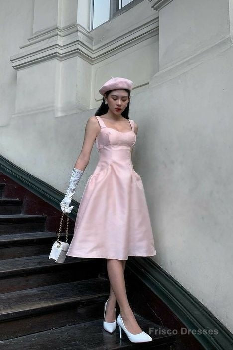 Modest A Line Straps Pink Knee Length Satin Prom Dresses Birthday Outfits