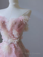 Modest A Line Sweetheart Pink Tulle Sequin Flowers Evening Dress Prom Dresses