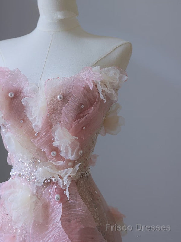 Modest A Line Sweetheart Pink Tulle Sequin Flowers Evening Dress Prom Dresses