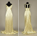 Modest A Line V Neckline Yellow Satin Beads Long Party Dress Formal Prom Dress