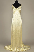 Modest A Line V Neckline Yellow Satin Beads Long Party Dress Formal Prom Dress