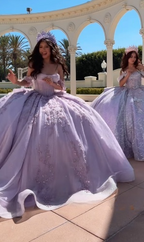 Modest Ball Gown Off The Shoulder Lilac Lace Tulle Long Quinceanera Dress Formal Gowns Vestido De 15 Anos Sweet 16 Dress