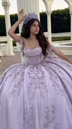 Modest Ball Gown Off The Shoulder Lilac Lace Tulle Long Quinceanera Dress Formal Gowns Vestido De 15 Anos Sweet 16 Dress