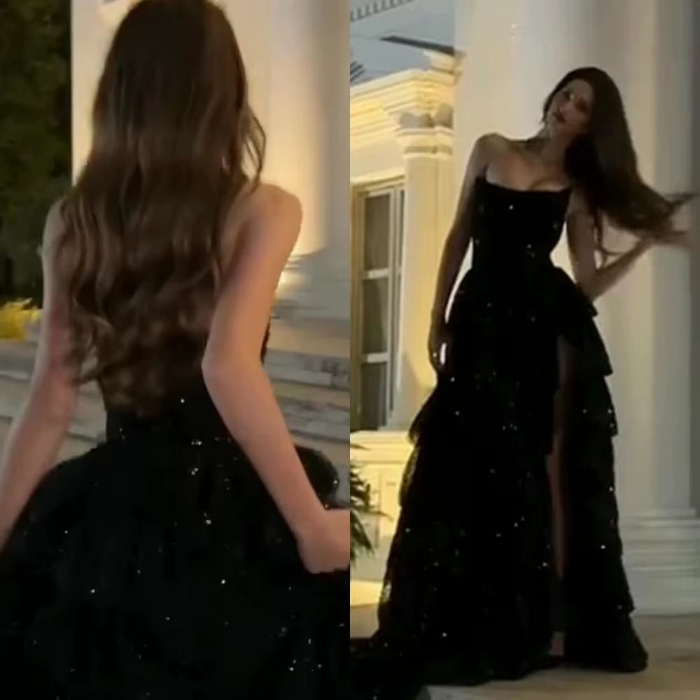 Modest Ball Gown Strapless Black Sequin Floor Length Slit Prom Dresses Evening Gowns