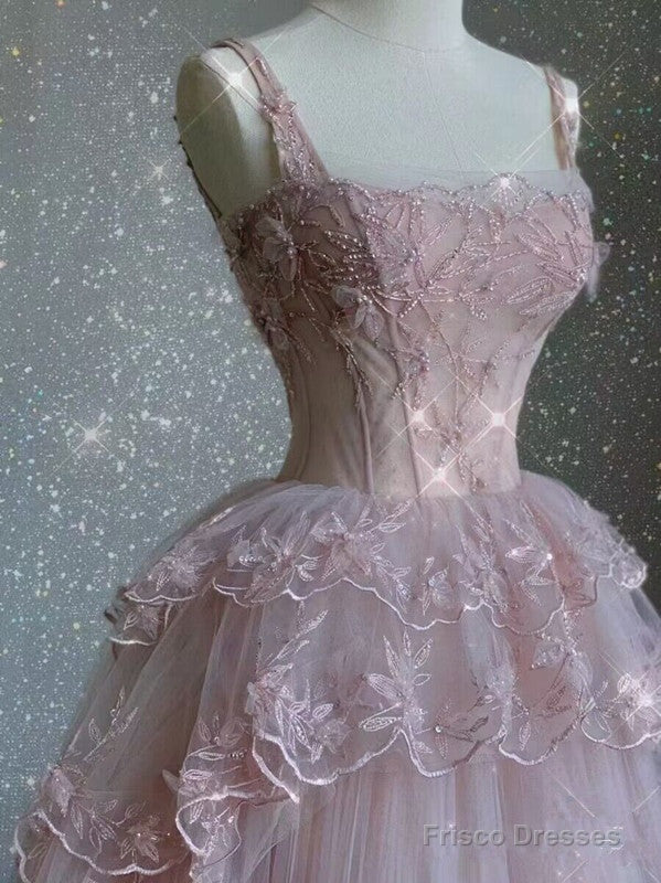 Modest Ball Gown Straps Pink Tulle Prom Dresses 22Th Birthday Outfit