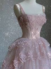 Modest Ball Gown Straps Pink Tulle Prom Dresses 22Th Birthday Outfit