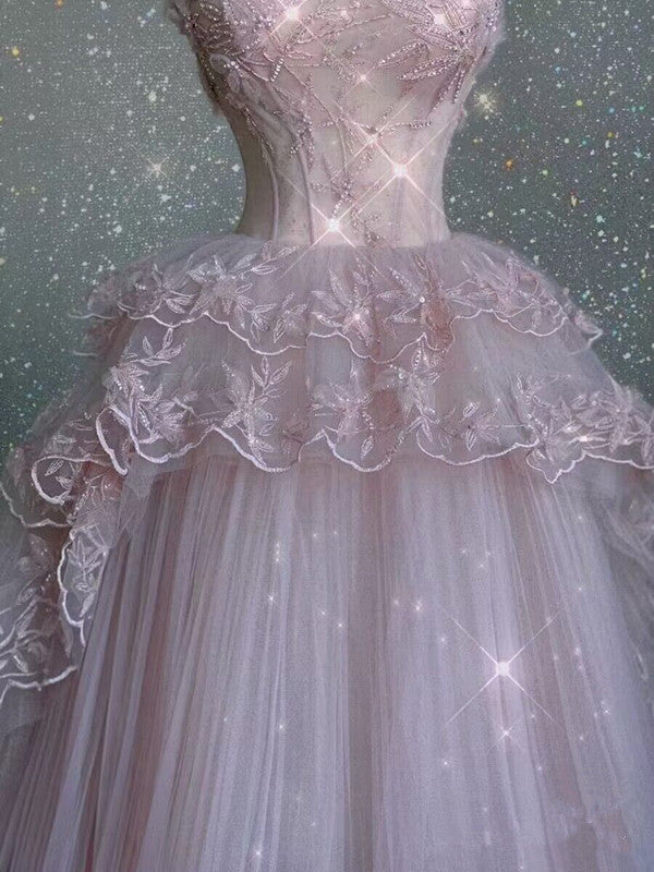 Modest Ball Gown Straps Pink Tulle Prom Dresses 22Th Birthday Outfit