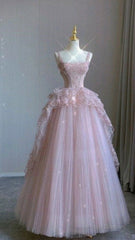 Modest Ball Gown Straps Pink Tulle Prom Dresses 22Th Birthday Outfit