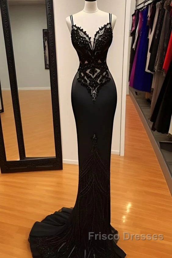 Modest Black Spaghetti Strap Mermaid Satin Formal Prom Dress Long Formal Prom Dress Secondary image
