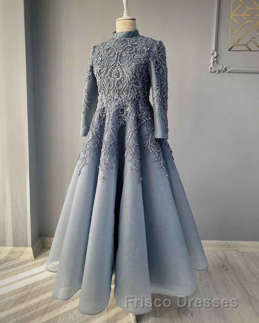 modest blue Formal Prom Dress lace emroidery evening Dress