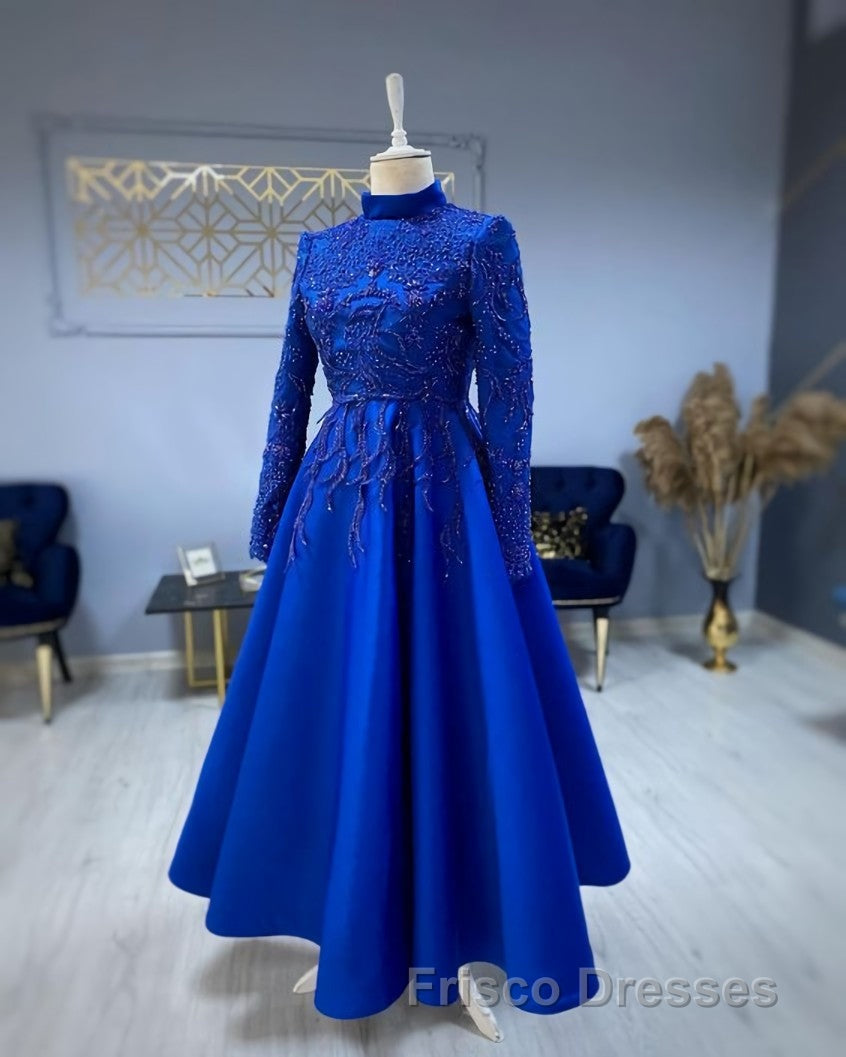 modest blue Formal Prom Dress lace emroidery evening Dress