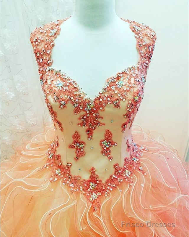 Modest Cap Sleeves Organza Ruffles Ball Gowns Quinceanera Dresses Lace Emboridery