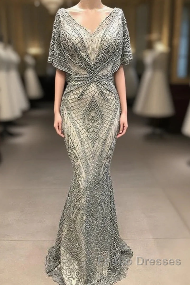 Modest Evening Dress Long Gray Lace Appliqu篓娄 Beaded Elegant Mermaid Formal Prom Dress Main image