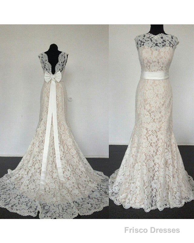 Modest High Neck Lace Mermaid Wedding Dress Bow Back