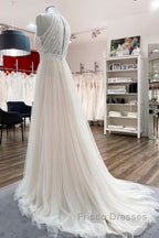 Modest Long A-line Halter Tulle Lace Backless Wedding Dress