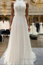 Modest Long A-line Halter Tulle Lace Backless Wedding Dress