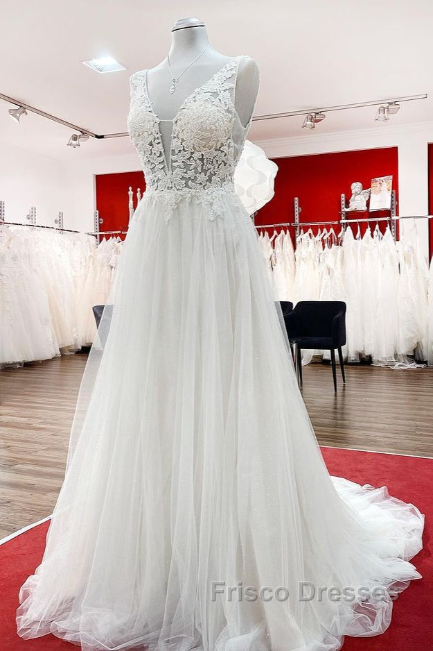 Modest Long A-line V-neck Tulle Ruffles Backless Wedding Dress With Lace