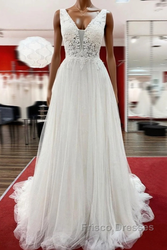 Modest Long A-line V-neck Tulle Ruffles Backless Wedding Dress With Lace