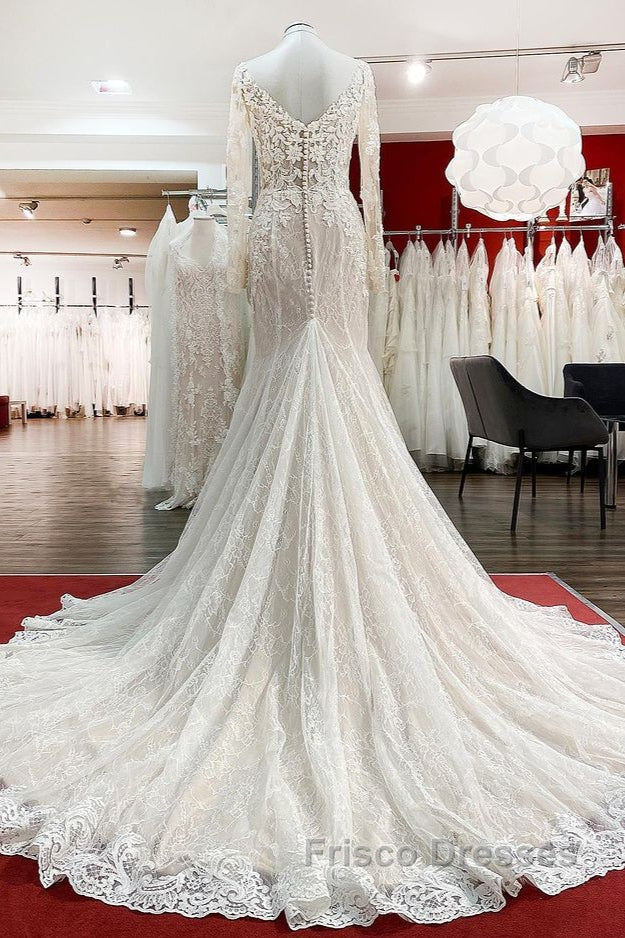 lace wedding dresses with long sleeves Elegant Scoop Long Sleeve Chiffon Wedding Dresses with Lace Backless Ivory Bridal Dresses,MW482