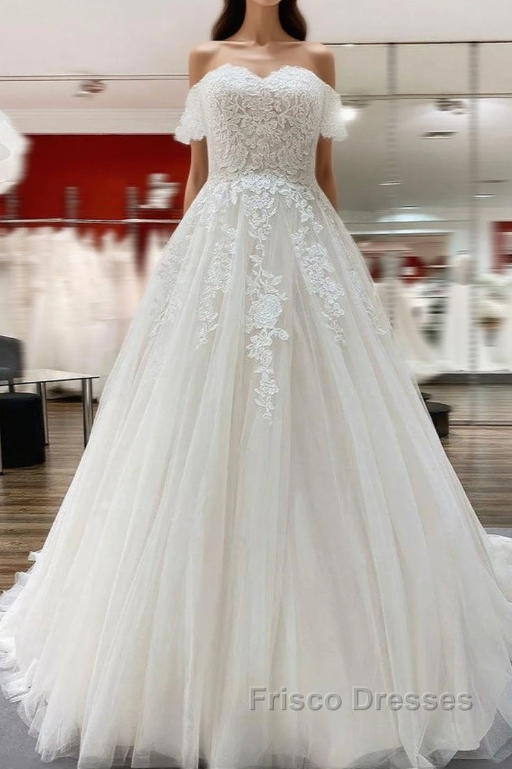 Modest Long Princess Off The Shoulder Tulle Lace Wedding Dress Main image