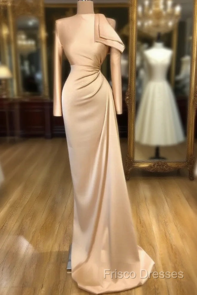 Modest Long Sleeves Ruched Mermaid Formal Prom Dress With Cool Shoudler