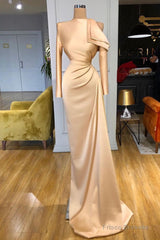 Modest Long Sleeves Ruched Mermaid Prom Dresses With Cool Shoudler