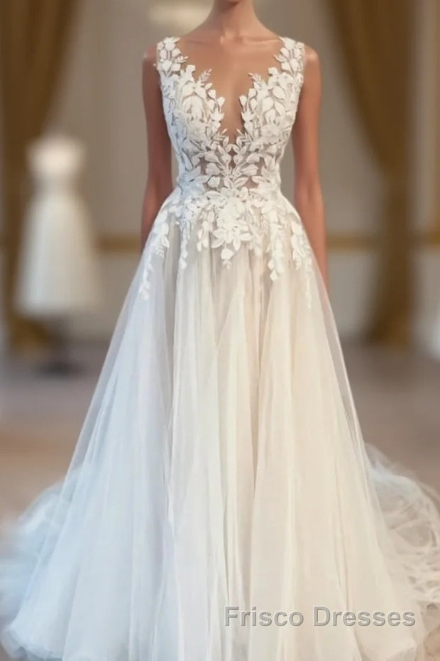 Modest Long V-Neck Sleeveless Lace Backless Wedding Dresses Online Main image