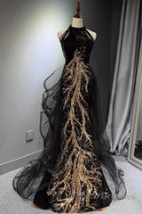 Modest Mermaid Halter Long Black Formal Prom Dress