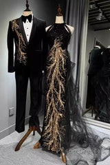 Modest Mermaid Halter Long Black Formal Prom Dress