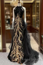 Modest Mermaid Halter Long Black Formal Prom Dress