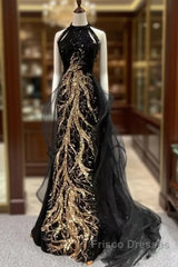 Modest Mermaid Halter Long Black Formal Prom Dress