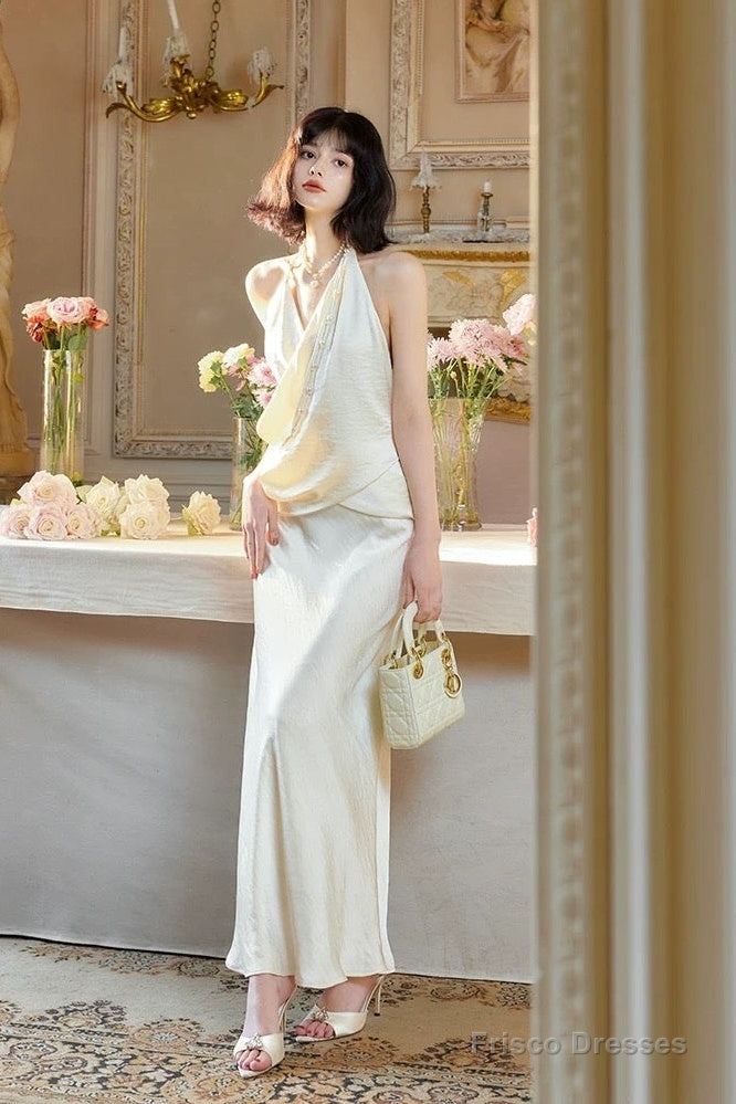 Modest Mermaid Halter Ruffles Long Evening Dress White Prom Dresses