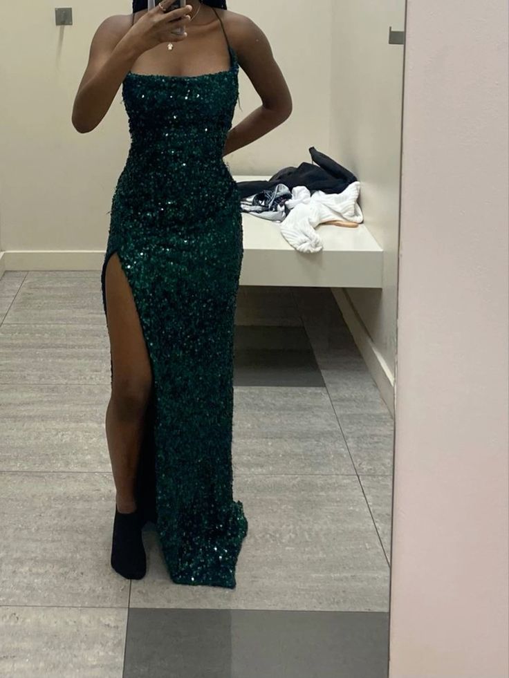 Modest Mermaid Long Dark Green Sequin Slit Prom Dresses