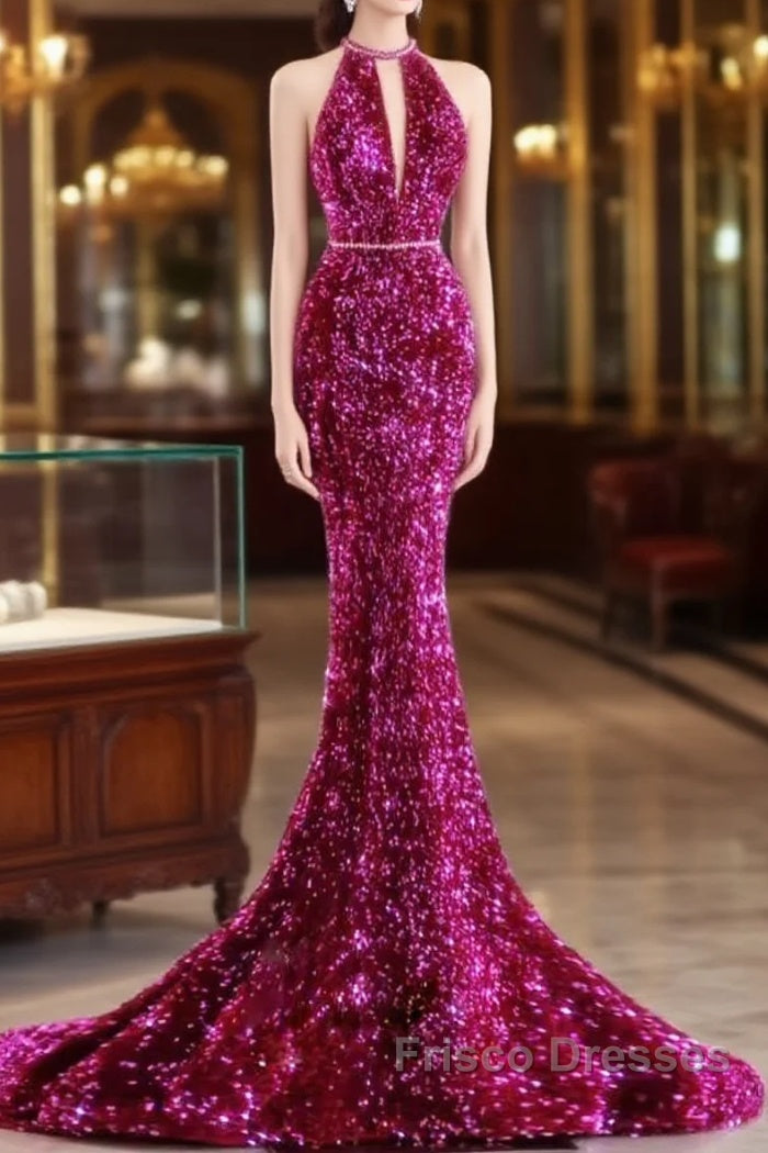 Modest Mermaid Long Sleeveless Sequin Formal Prom Dress