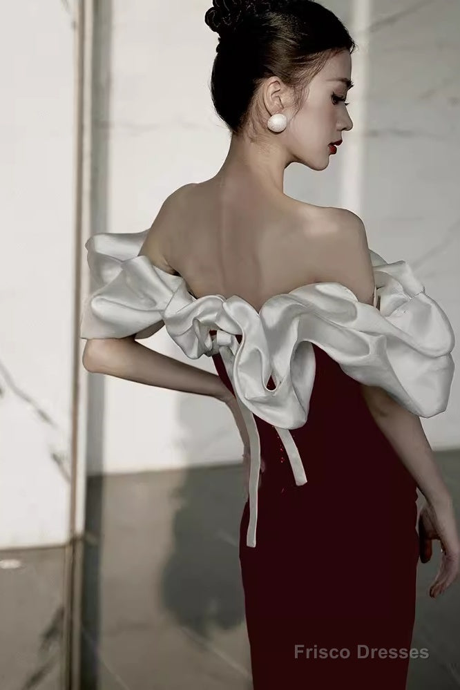 Modest Mermaid Off The Shoulder Long Red Satin Prom Dress