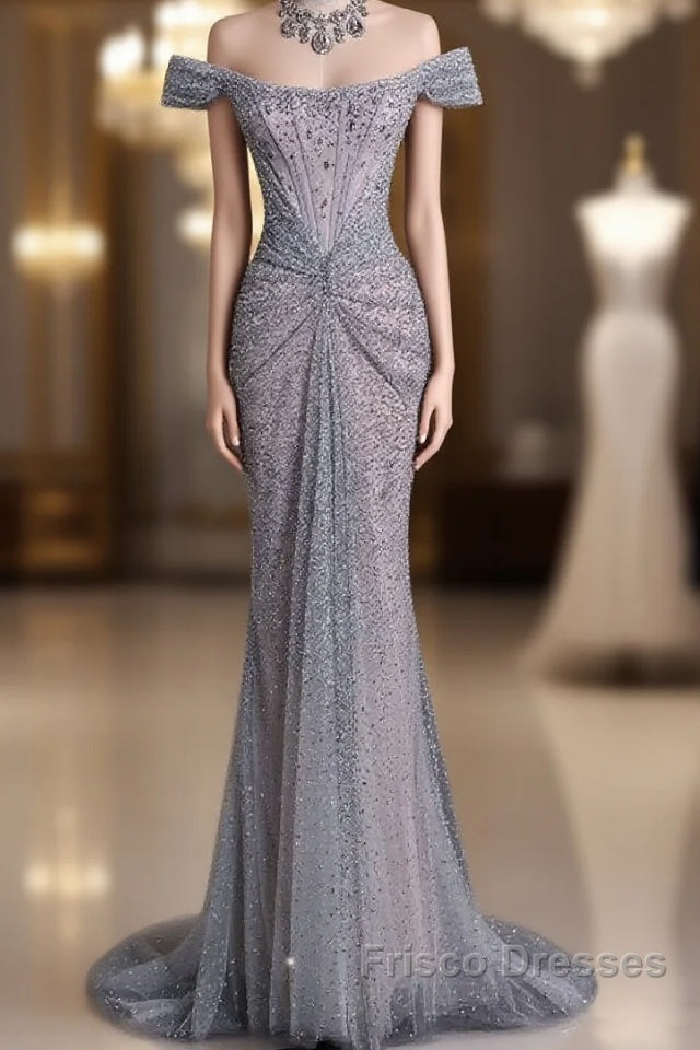 Modest Mermaid Off The Shoulder Sequin Long Formal Prom Dress Formal Graduation Party Dress Evening Dress Main image