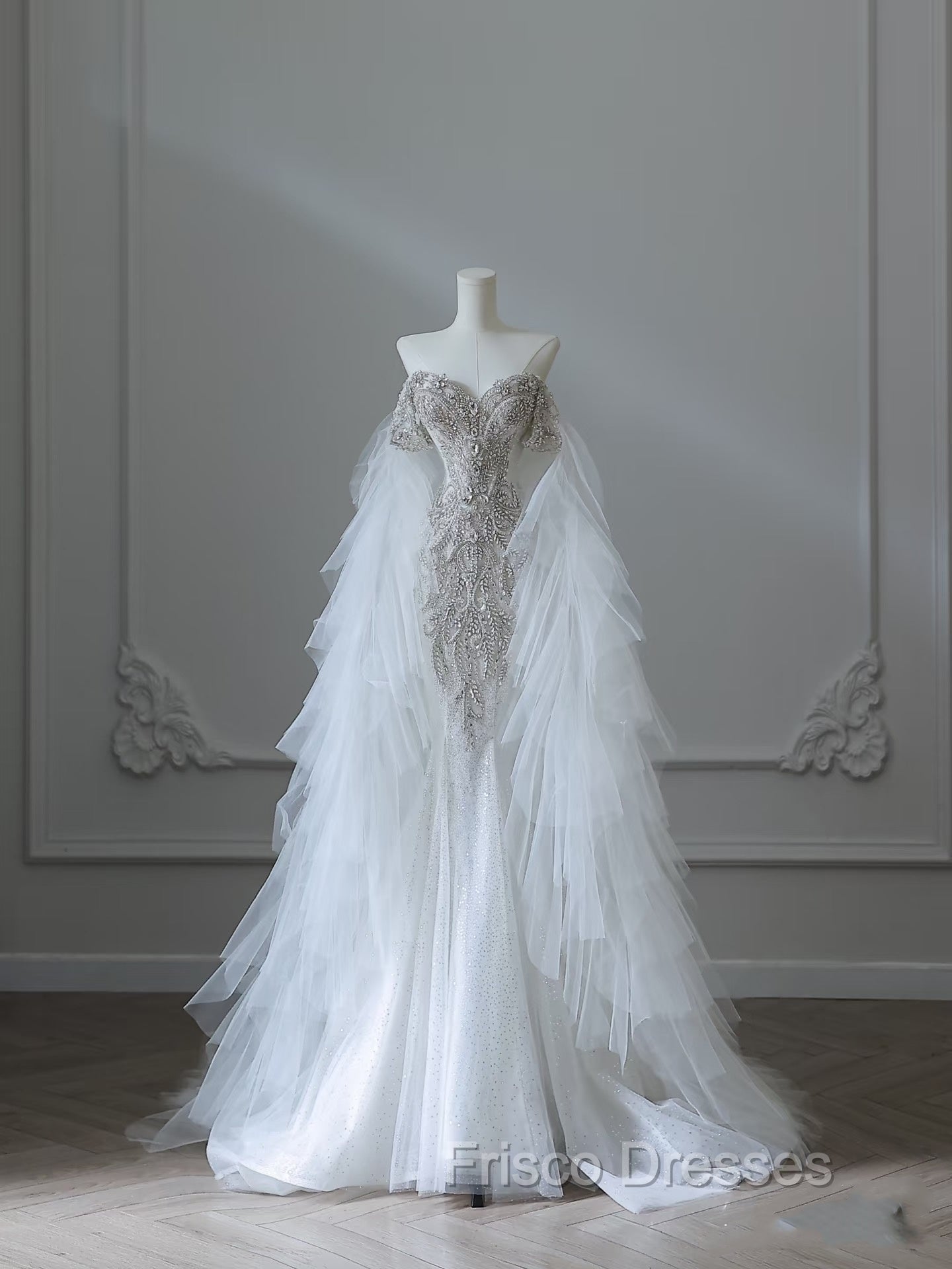 Modest Mermaid Off The Shoulder White Tulle Long Wedding Dress Brides Dress