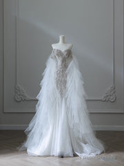 Modest Mermaid Off The Shoulder White Tulle Long Wedding Dresses Brides Dress Ss3843