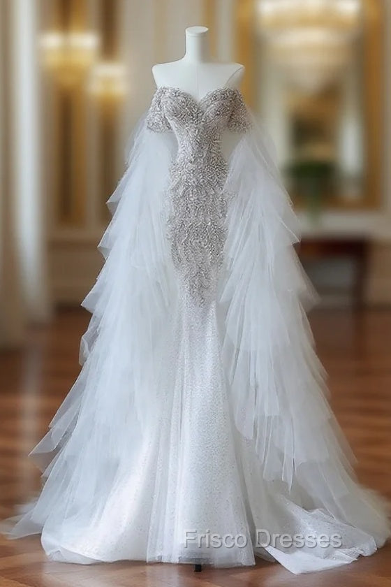 Modest Mermaid Off The Shoulder White Tulle Long Wedding Dress Brides Dress Ss3843 Main image