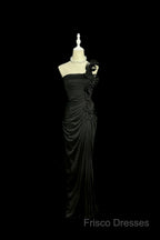 Modest Mermaid One Shoulder Black Satin Long Formal Prom Dress Party Dress