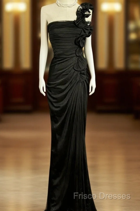 Modest Mermaid One Shoulder Black Satin Long Formal Prom Dress Party Dress Main image