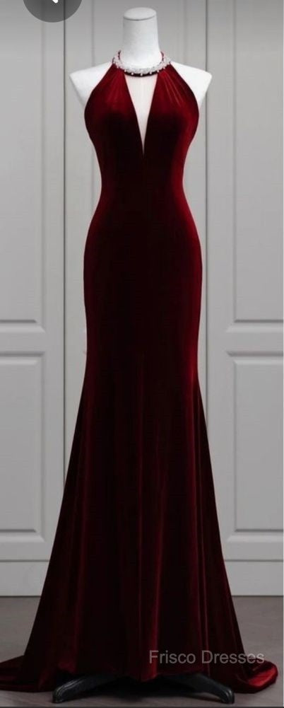 Modest Mermaid Scoop Neckline Burgundy Velvet Long Party Dress Formal Prom Dress Secondary image