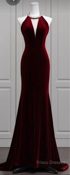 Modest Mermaid Scoop Neckline Burgundy Velvet Long Party Dress Formal Prom Dress