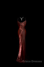 Modest Mermaid Spaghetti Straps Burgundy Formal Prom Dress Ruffle Long Party Dress