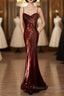 Modest Mermaid Spaghetti Straps Burgundy Formal Prom Dress Ruffle Long Party Dress