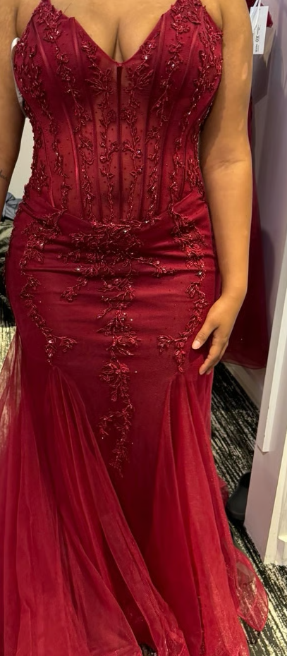 Modest Mermaid Spaghetti Straps Burgundy Sequin Formal Gown 23Rd Birthday Dress Prom Dresses 20Th Birthday Outfits Secondary image