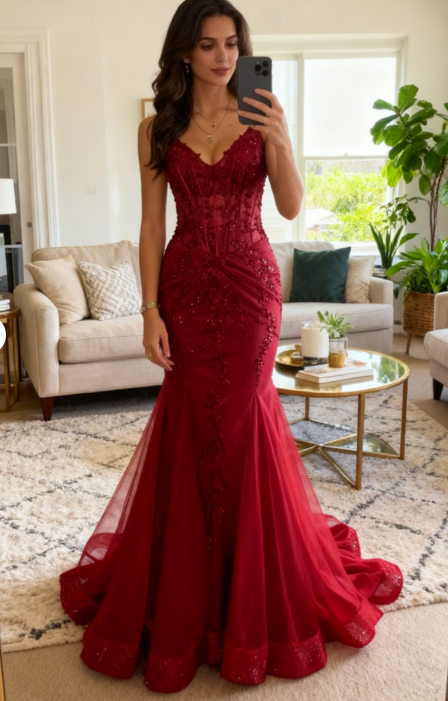 Modest Mermaid Spaghetti Straps Burgundy Sequin Formal Gown 23Rd Birth
