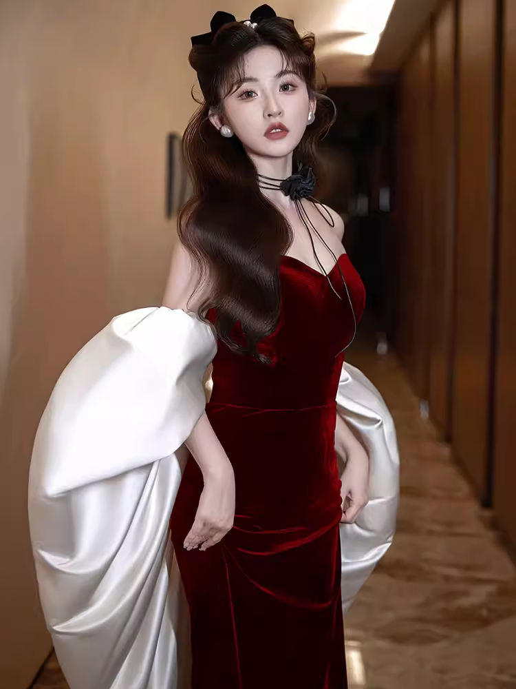 Modest Mermaid Strapless Burgundy Long Prom Dresses