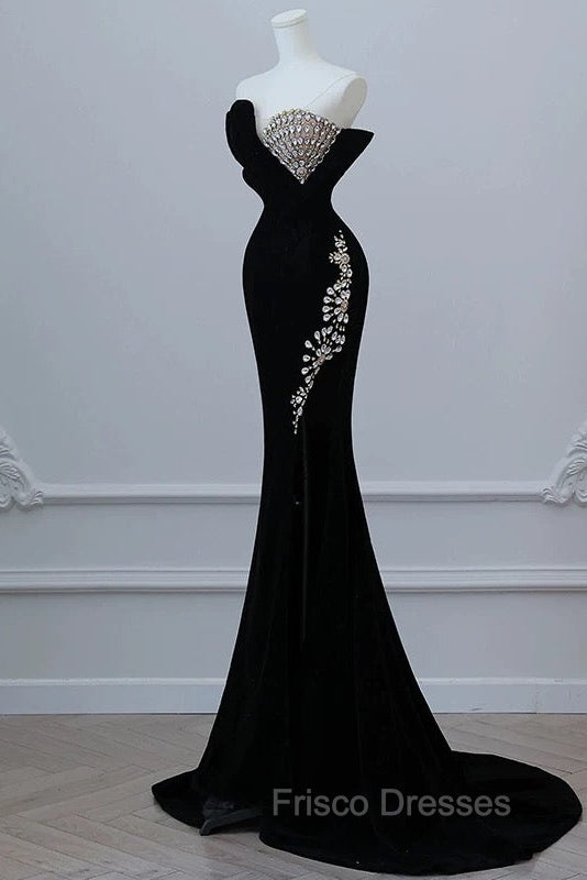 Modest Mermaid Strapless Black Long Floor Length Beads Formal Prom Dress Secondary image